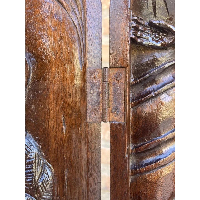 French Antique Hand Carved Walnut Wood Religious Triptych or Carved Wall Sculpture Panel, 1890s For Sale - Image 9 of 18