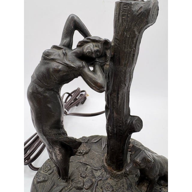 1900s Art Nouveau Bronze Figural Table Lamp With Pink Glass Flower Shade For Sale - Image 9 of 12
