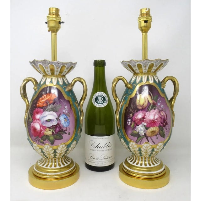 Antique Pair English Staffordshire Porcelain Table Lamps Ridgway or Rockingham For Sale - Image 4 of 13