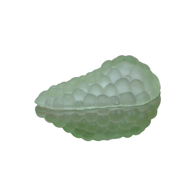 Rare antique French Depression era green satin / uranium / vaseline glass grapevine / grape cluster hobnail lidded box /...