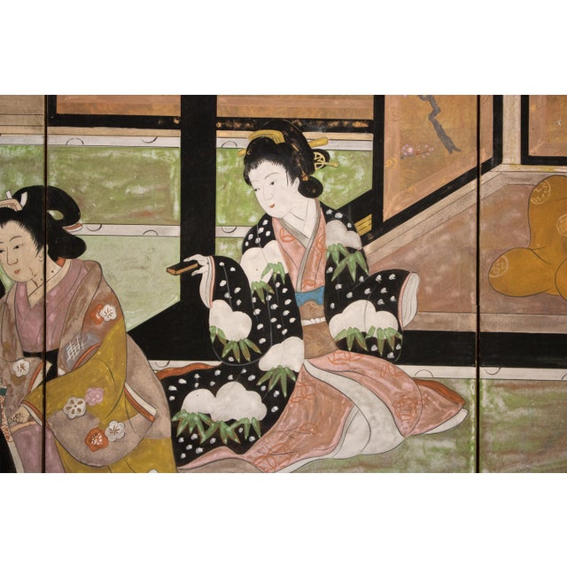 1960s C. 1960s Shōwa Era Ukiyo-E Style Painted Byobu Screen "Playing Hyakunin Isshu" For Sale - Image 5 of 12