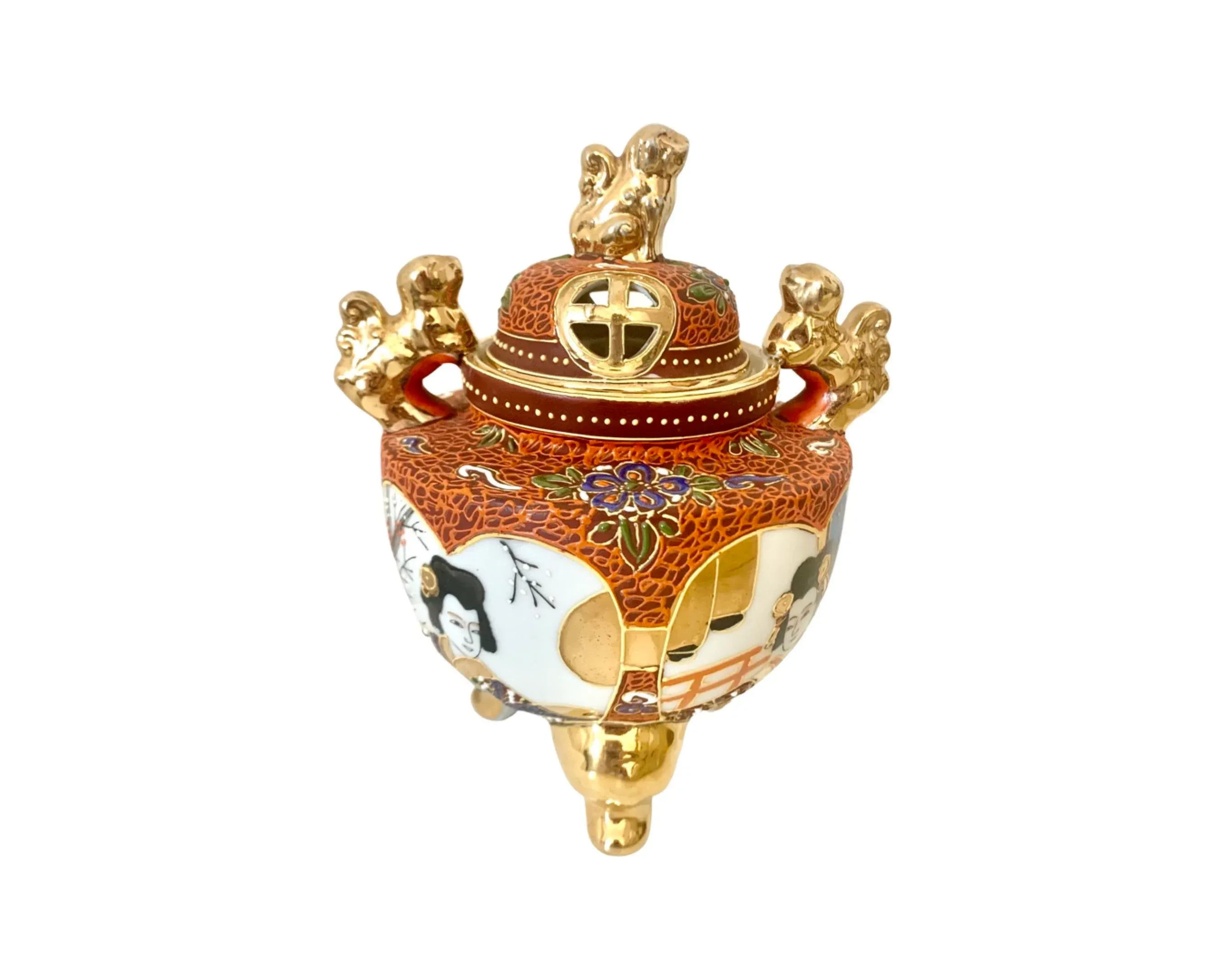 持ち手つき　煙管用　灰皿　香炉　真鍮　だるま　達磨　キセル　レトロ　博物館展示品 Vintage Japanese Samsuma Gilt Incense Burner With Foo Dog Handles