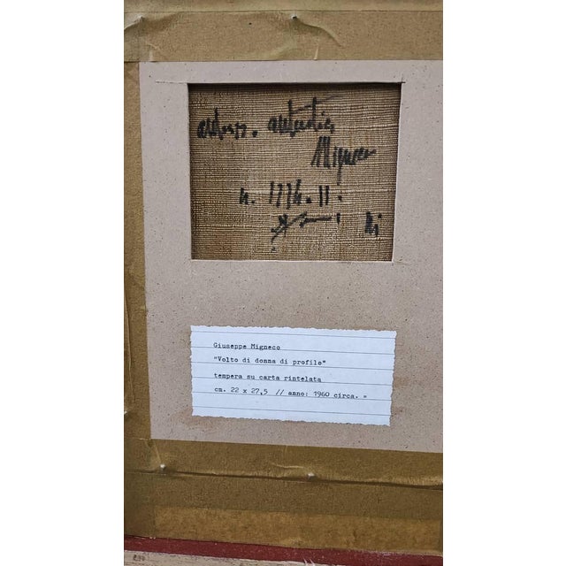 Beige Giuseppe Migneco, Woman's Face in Profile, Tempera on Canvas Cardboard, 1960, Framed For Sale - Image 8 of 11