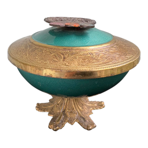 Vintage Israeli Brass & Enameled Pedestal Bowl “God Bless Our Home – Jerusalem”, Circa 1960s
