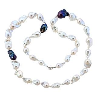 Late 20th Century 14K White & Yellow Gold Baroque Pearl Diamond Designer Long Wrap-Around Necklace For Sale