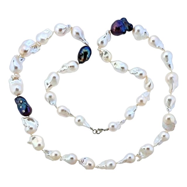 Late 20th Century 14K White & Yellow Gold Baroque Pearl Diamond Designer Long Wrap-Around Necklace For Sale