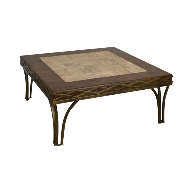 Iron Square Coffee Table With Cork & Tessellated Travertine Top For Sale