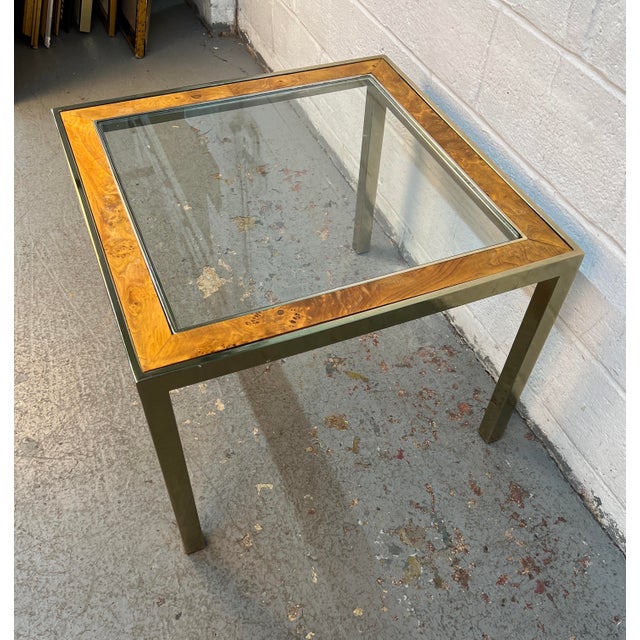 Brass Mid 20th Century Brass & Burl Accented Glass Side Table For Sale - Image 8 of 13