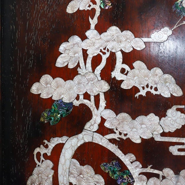 Mid 20th Century Vintage Chinese Zitan Wood Wall Panel Set | Mother-of-Pearl Inlaid Pine & Crane Motif For Sale - Image 5 of 10