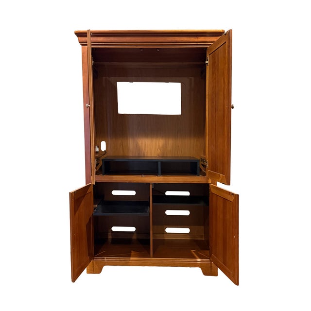 1990s Stanley Furniture Entertainment Armoire - 80" Tall Oak Media Cabinet With Sliding Doors, Built-in Outlets & Tv Cutout, Excellent Condition For Sale - Image 6 of 8