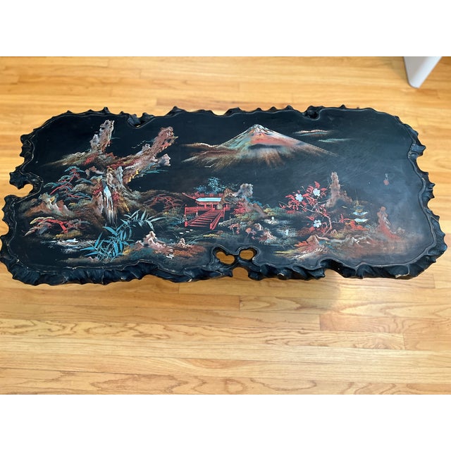 Mid-Century Japanese Lacquer Coffee Table With Hand-Painted Fuji Landscape & Mother-of-Pearl Raden Inlay For Sale - Image 4 of 4