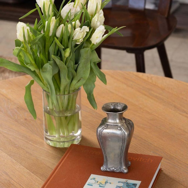 Lovely Art Nouveau pewter bud vase from France, 1910s. Beautiful hand-hammered pewter vase with scroll detail. Original...