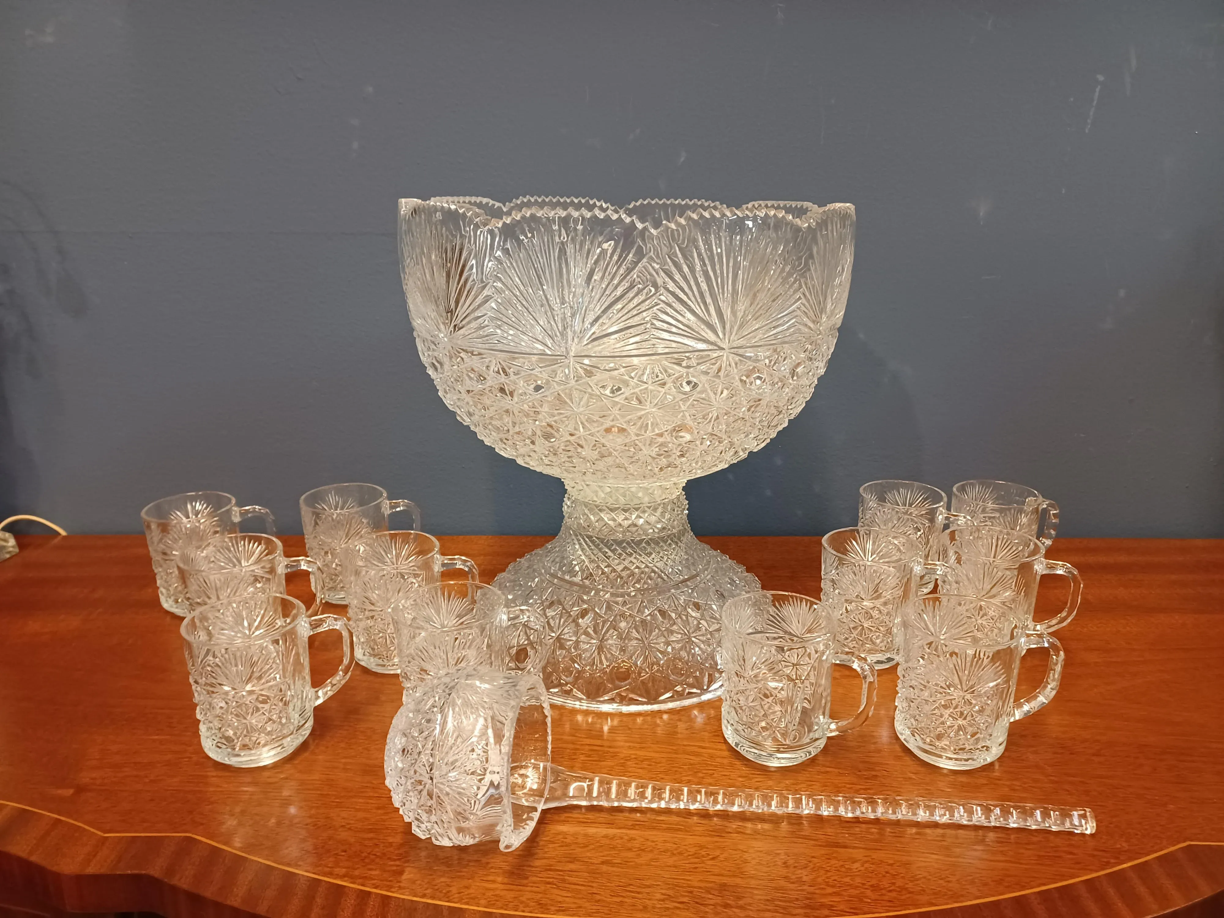 Vintage Punch Bowl and Stand With Twelve Glasses and Ladle | Chairish