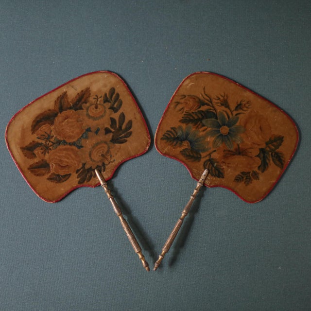 American Pair of Antique Theorem Painted Velvet Hand Fans With Gilt Handles For Sale - Image 3 of 10