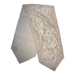 Sethi & Sethi Asian Zardozi Metallic Floral Vine Embroidered White Gold Silk Tissue Organza Table Runner For Sale