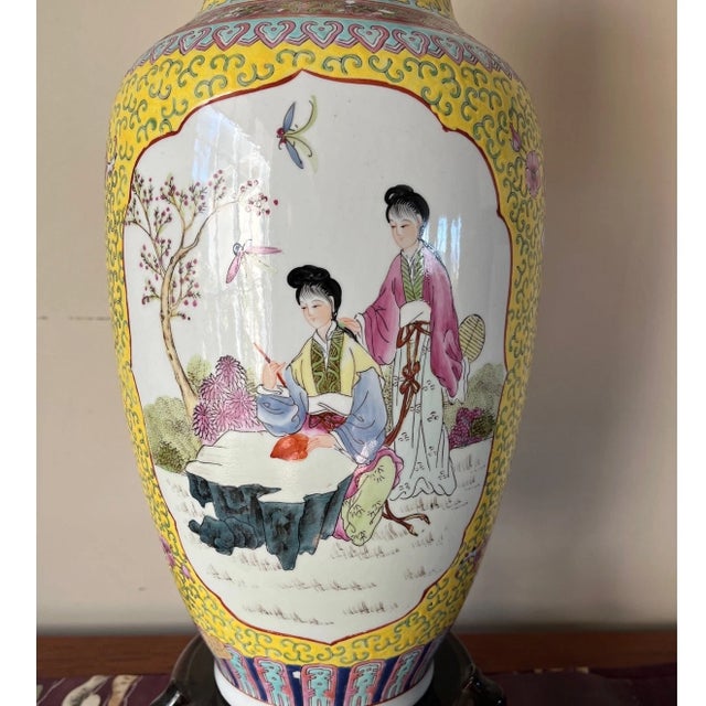Chinese Mid 20th Century 18" Chinese Famille Jaune Porcelain Vase - Hand Painted Maiden Scene For Sale - Image 3 of 9