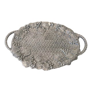Large Lenox Handled Oval Serving Tray Platter Grape Weave Pewter/Silver Color Metal-Wear Vintae New in Box For Sale