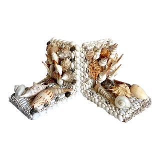 Vintage Tall Statement Shell Encrusted Bookends For Sale
