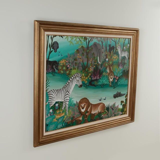 Striking mid century acrylic painting on canvas of animals in a lush jungle setting, executed in a charming naive style by...
