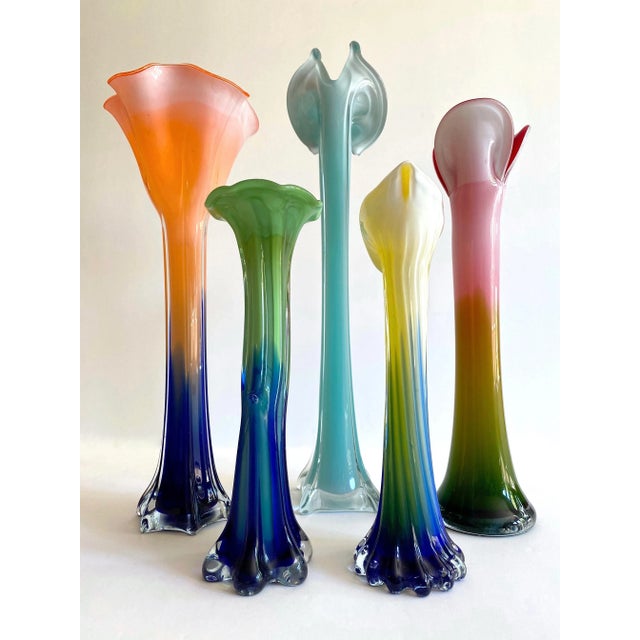 Vintage 1990's Post Modern Hand Blown Art Glass Multicolor Ombre Flowers Contemporary Vases - Set of 5 For Sale - Image 12 of 13