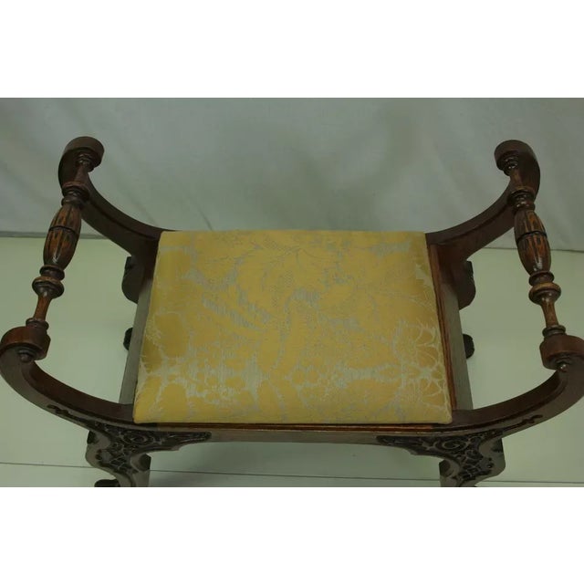 Early 20th Century Early 20th Century Handsome Heavily Carved Solid Oak Jacobean Window Bench With Yellow Upholstery For Sale - Image 5 of 10