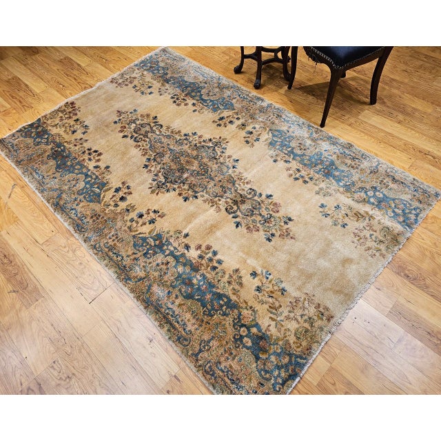 1900 - 1909 Vintage Persian Kerman Rug, Hand-Knotted Wool, Floral Pattern, Ivory & Blue, 5x7 For Sale - Image 5 of 15