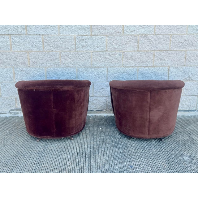 Chocolate Pair of Vintage 1970s Chocolate Brown Velvet Barrel Club Chairs With Ruched Backs For Sale - Image 8 of 12