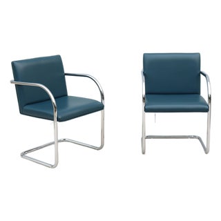 Ludwig Mies Van Der Rohe Brno Tubular Chairs in Blue Leather by Gordon - A Pair For Sale