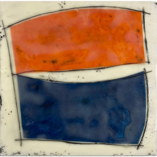 Contemporary Original Encaustic Collage Paintings by Gina Cochran - Trio in Orange and Blue For Sale - Image 3 of 7
