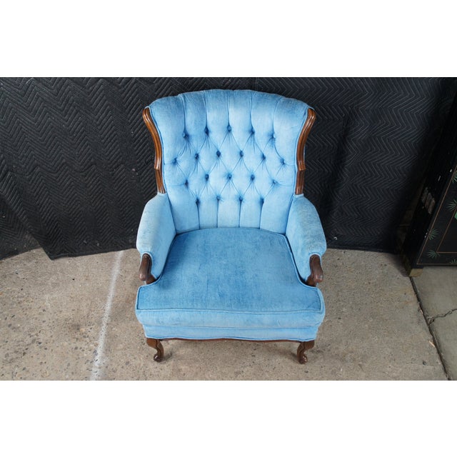 Antique French Blue Velvet Tufted Fauteuil Walnut Wingback Parlor Armchair For Sale - Image 6 of 12