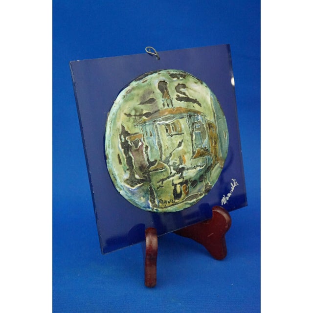 Item : Circular majolica lava stone plaque, glazed with thick, compact enamels with a satin finish, entirely hand-...