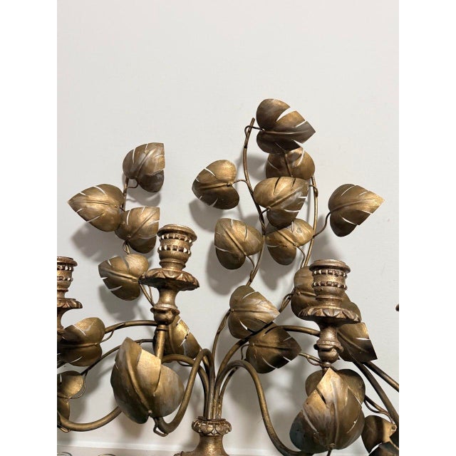 Large Vintage Gold Metal Leaf 7-Candle Wall Candelabra For Sale - Image 11 of 14
