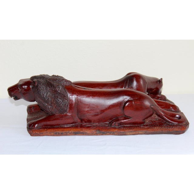 Vintage Hand-Carved African Lion & Lioness Sculpture – Signed "Masaku" – African Ironwood Safari Folk Art For Sale - Image 4 of 15