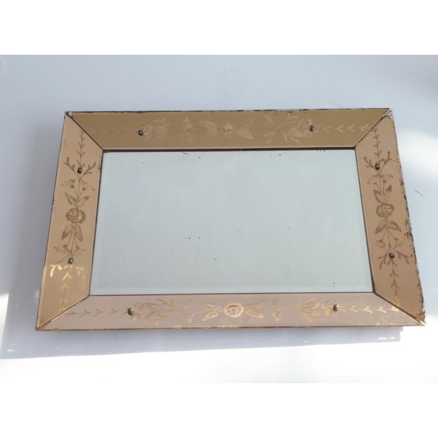 Vintage Venetian Rectangular Pink Beveled Mirror with Carved Edges and Floral Details, Italy, 1940s For Sale - Image 4 of 10