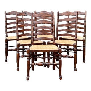 Rustic English Country Ladder Back Dining Chairs - Set of 6 For Sale