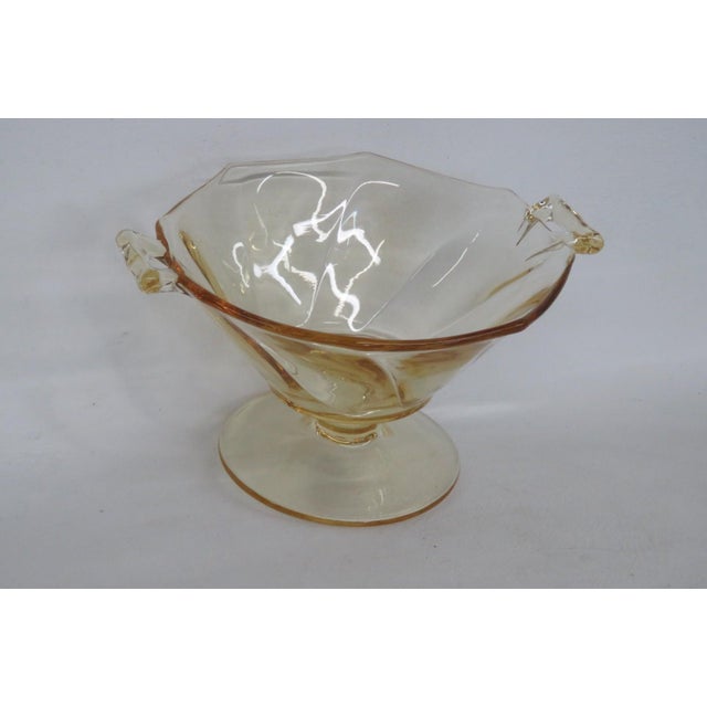 Yellow Yellow Depression Glass Pedestal Bowl Octagonal Swirl Pattern With Handles 4891b For Sale - Image 8 of 13