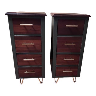 Pair of Refinished Vintage Pieces — Reimagined as Nightstands | Walnut & Deep Green With Brass Hairpin Legs For Sale