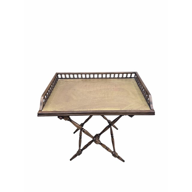 Vintage English Campaign-Style Folding Tray Table With Spindle Gallery For Sale - Image 9 of 9