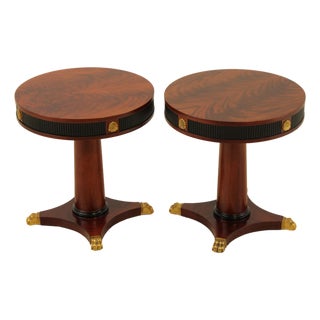 Pair French Empire Style Round Mahogany Lamp Tables For Sale