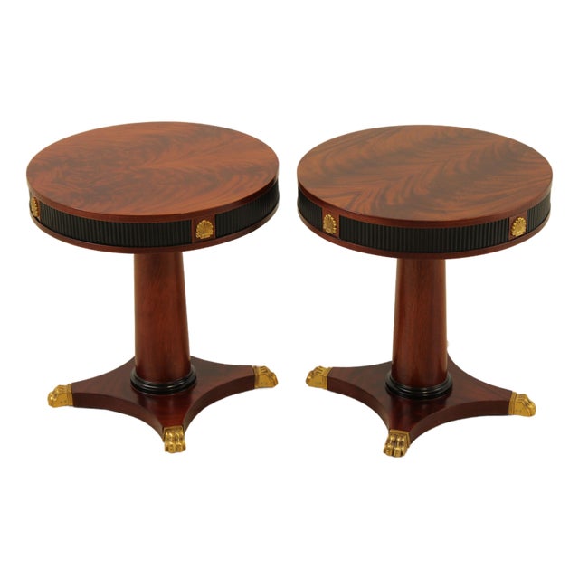 Pair French Empire Style Round Mahogany Lamp Tables For Sale