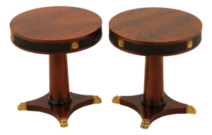 Pair French Empire Style Round Mahogany Lamp Tables