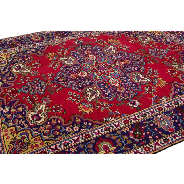 1960s Vintage Persian Tabriz Handmade Medallion Navy Blue Wool Rug For Sale In New York - Image 6 of 7