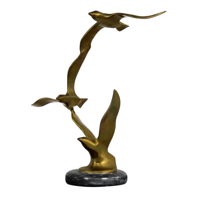 Mid Century Modern Brass and Marble Birds in Flight Sculpture in the Style of C. Jere For Sale