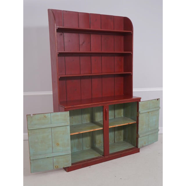 Traditional Country Red Paint Decorated Step Back Cupboard Hutch For Sale - Image 3 of 15