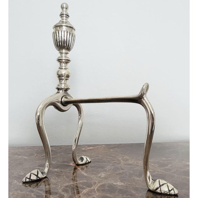 Pair of Brass Fireplace Andiron Set in Silver Antique Finish For Sale In Dallas - Image 6 of 7