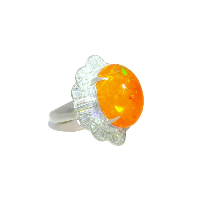 9.52 Carat Mexican Fire Opal Diamond Platinum Ring, Size 5.25 For Sale - Image 4 of 6
