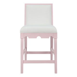 Matthew Izzo Home Lanister Pink Matte Lacquer Counter Stool With Performance Linen Upholstery For Sale
