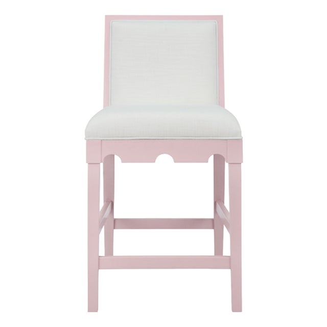Matthew Izzo Home Lanister Pink Matte Lacquer Counter Stool With Performance Linen Upholstery For Sale