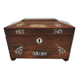 Antique English Rosewood and Mother of Pearl Inlay with Bun Feet and Sarcophagus Form For Sale