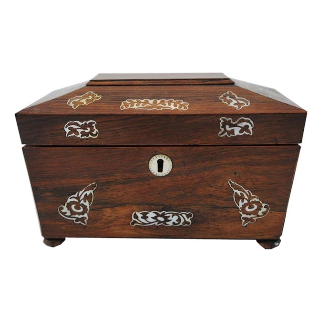 Antique English Rosewood and Mother of Pearl Inlay with Bun Feet and Sarcophagus Form For Sale